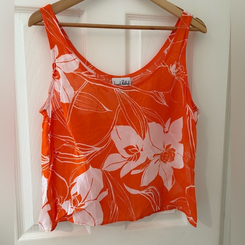 Joseph Ribkoff vintage sheer cropped tank size 16 orange Hawaiian top